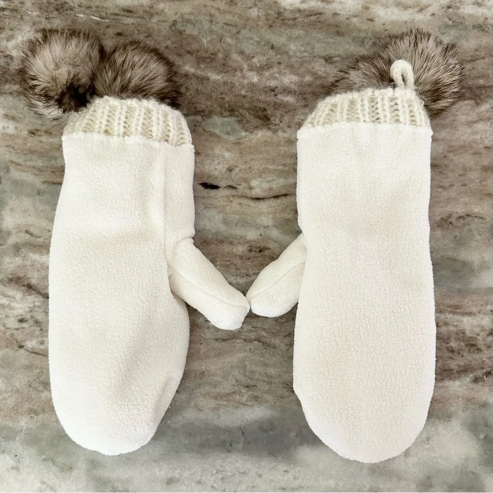 Cream Cozy Fleece Lined Knit Mittens Faux Fur Pom Poms - Winter / Cold Weather